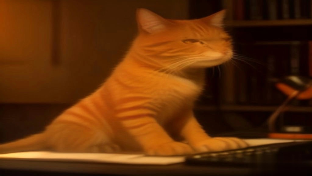 A ginger cat at the keyboard in a warm tiny desk concert studio